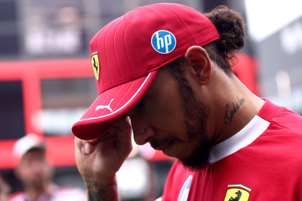 Ferrari driver Lewis Hamilton looks dejected at the 2025 F1 Hungarian Grand Prix