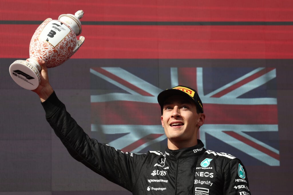 Mercedes driver George Russell on the podium at the 2025 Hungarian Grand Prix