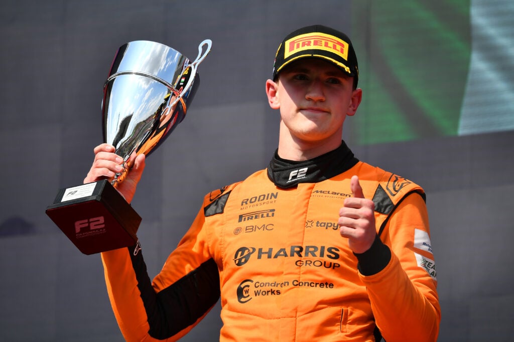 McLaren junior driver Alex Dunne celebrates P2 in the 2025 Formula 2 Sprint Race in Hungary