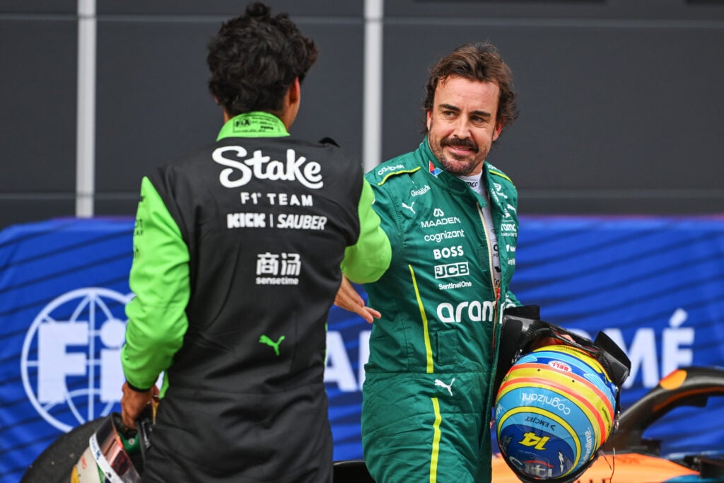 Aston Martin's Fernando Alonso congratulates Sauber's Gabriel Bortoleto after qualifying for the 2025 F1 Hungarian Grand Prix