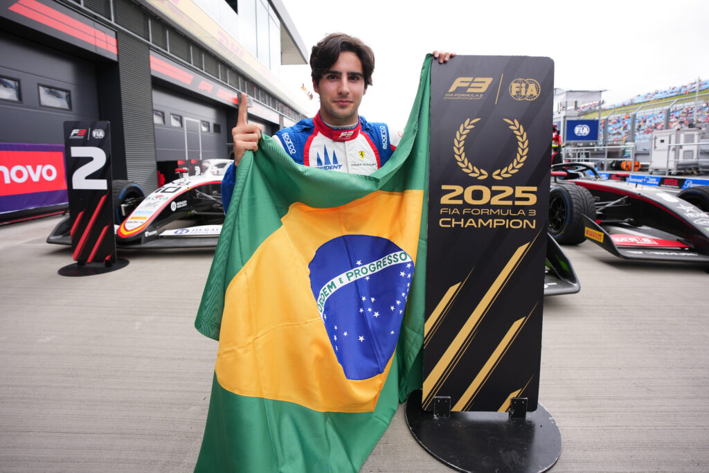 Ferrari junior driver Rafael Camara celebrates winning the 2025 FIA Formula 3 title in Hungary