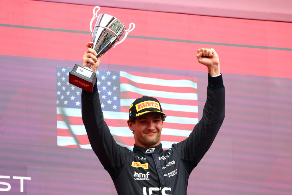 Aston Martin junior driver Jak Crawford celebrates P3 in the 2025 F2 Feature Race at the Hungarian Grand Prix