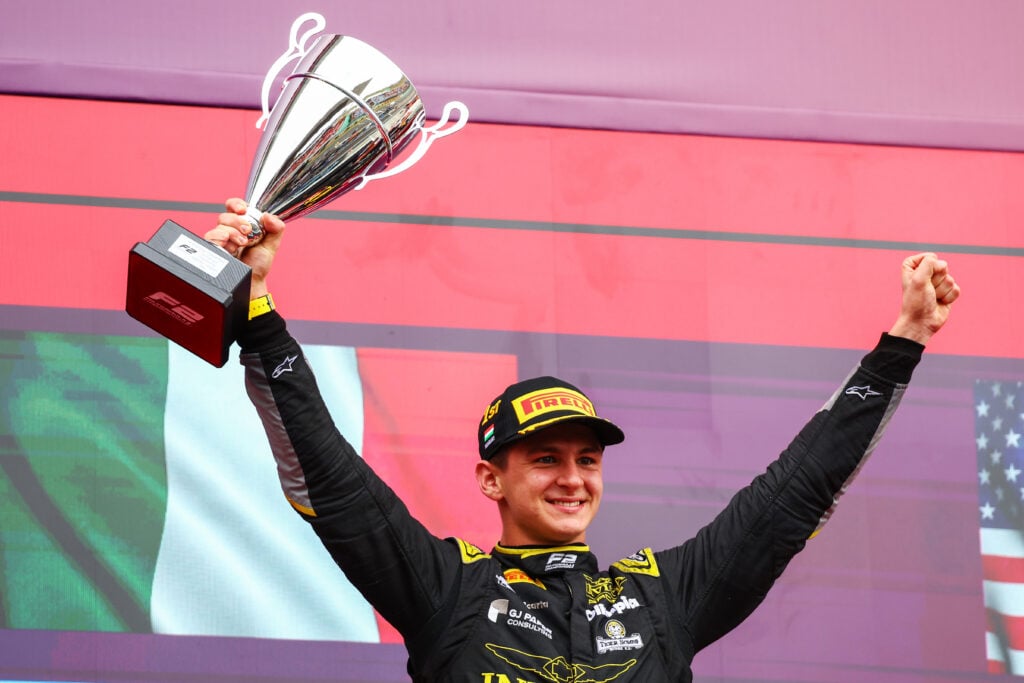 Invicta Racing driver Leonardo Fornaroli celebrates winning the F2 Feature Race at the 2025 Hungarian Grand Prix
