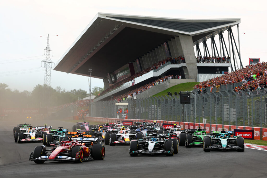 Charles Leclerc leads the Formula 1 grid at the start of the 2025 Hungarian Grand Prix