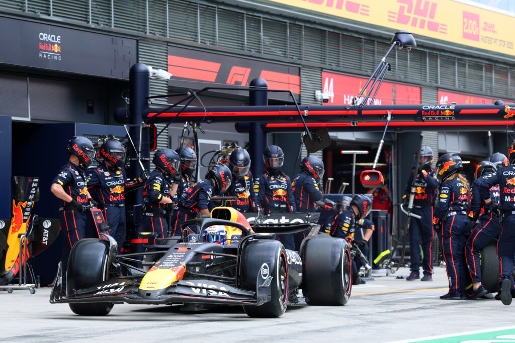 Red Bull driver Max Verstappen makes a pit stop during the 2025 F1 Hungarian Grand Prix