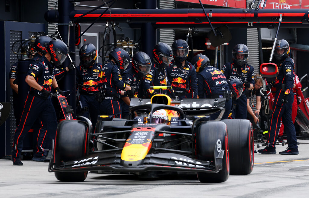 Red Bull driver Yuki Tsunoda leaving the pit lane at the 2025 Formula 1 Hungarian Grand Prix