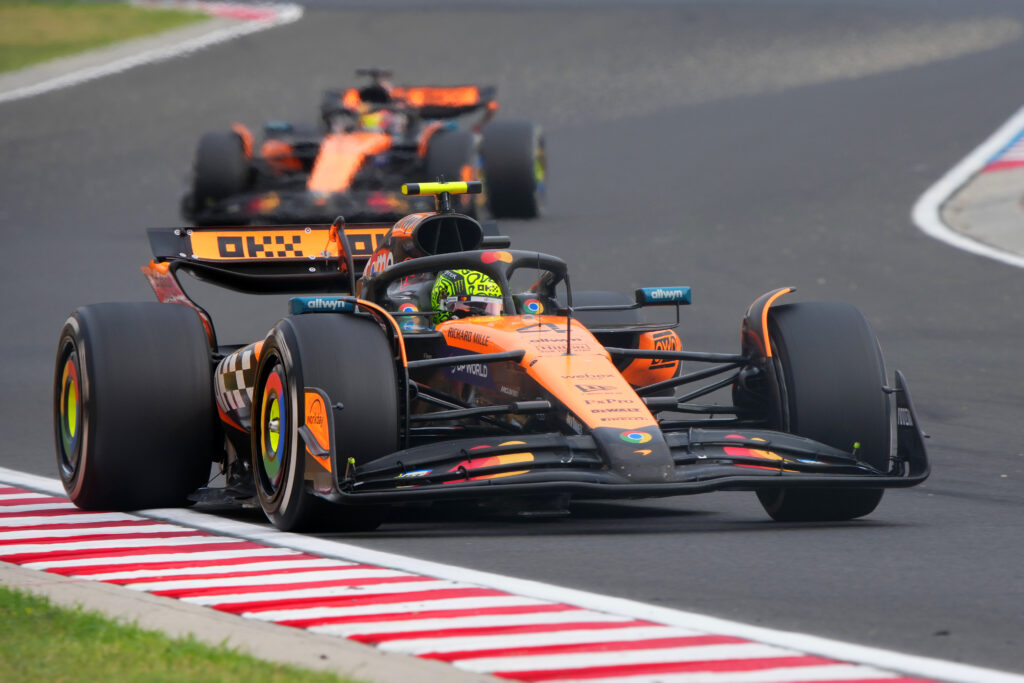 Lando Norris of McLaren leads Oscar Piastri at the 2025 Hungarian Grand Prix