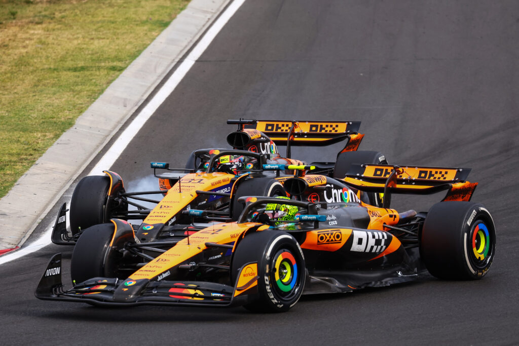 Oscar Piastri locks-up trying to overtake McLaren teammate Lando Norris for the lead of the 2025 F1 Hungarian Grand Prix