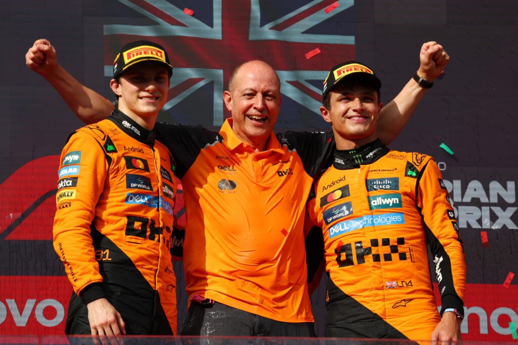 Oscar Piastri and Lando Norris of McLaren celebrate on the 2025 F1 Hungarian Grand Prix podium