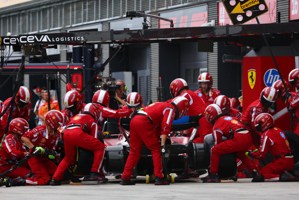 Ferrari driver Lewis Hamilton makes a pit stop during the 2025 F1 Hungarian Grand Prix