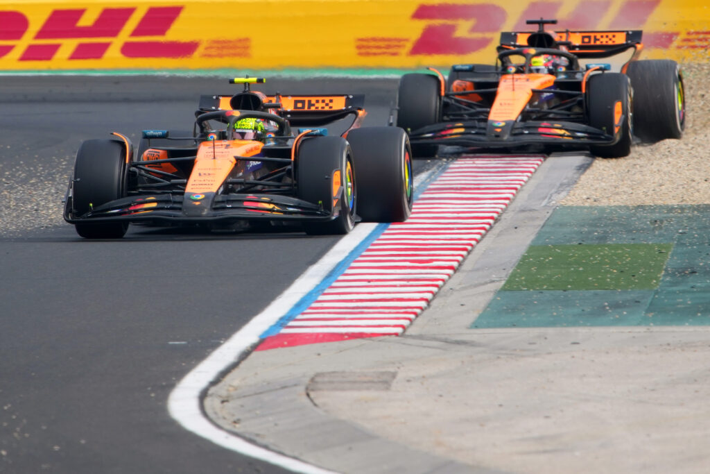 McLaren drivers Lando Norris and Oscar Piastri on track during the 2025 Formula 1 Hungarian Grand Prix