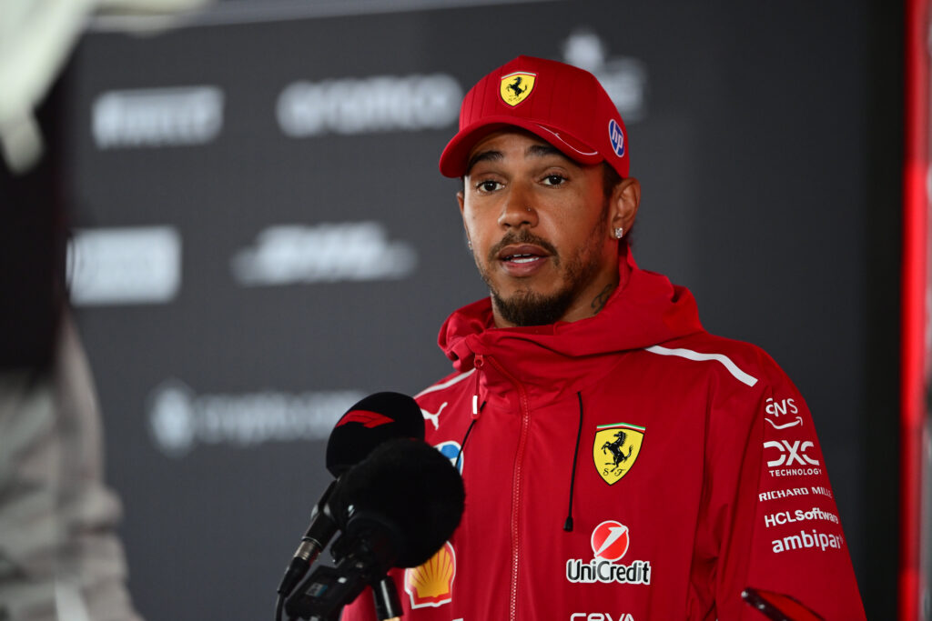 Ferrari driver Lewis Hamilton talking to the media ahead of the 2025 F1 Dutch Grand Prix