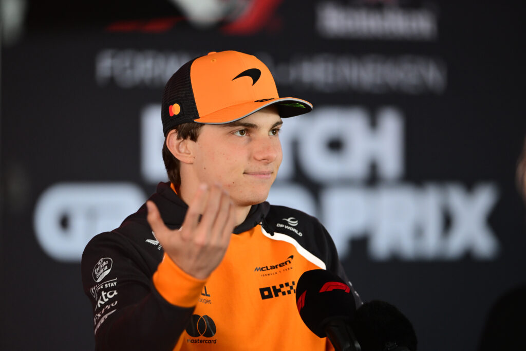 McLaren driver Oscar Piastri speaks to the media at Zandvoort ahead of the 2025 F1 Dutch Grand Prix