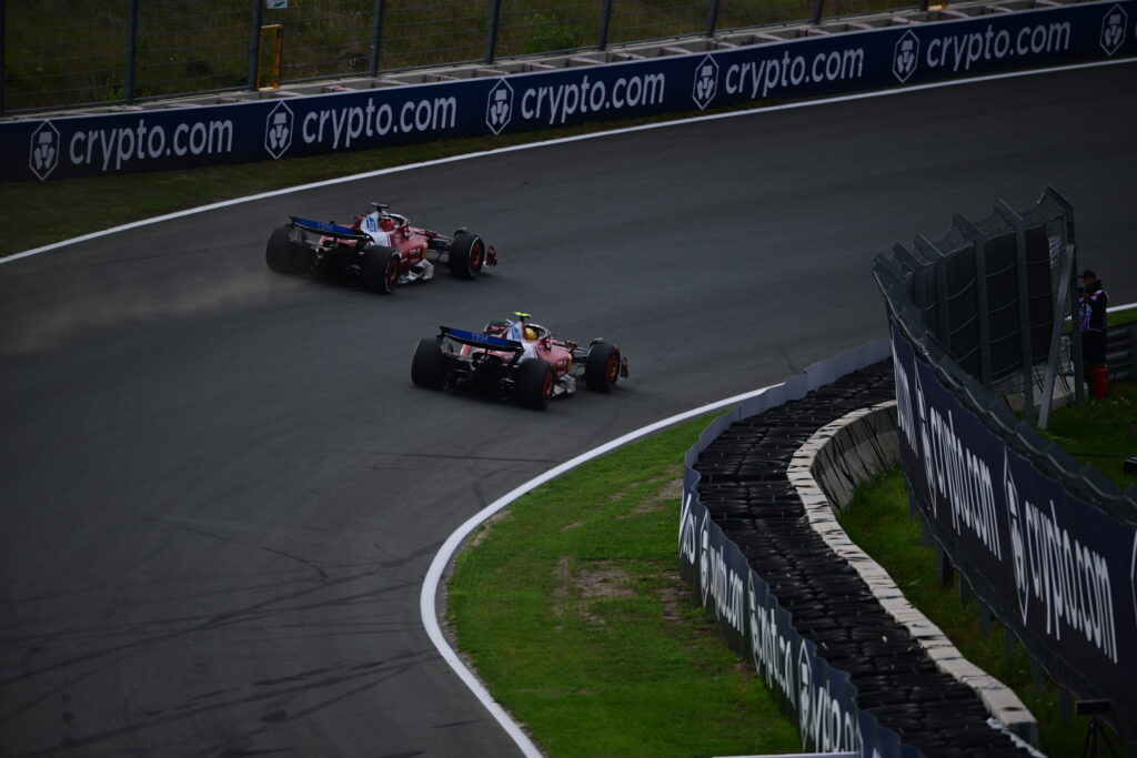 Ferrari drivers Lewis Hamilton and Charles Leclerc racing at the 2025 Dutch Grand Prix