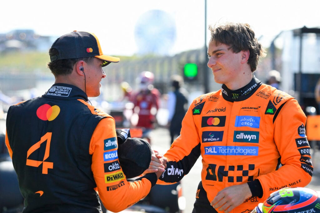 McLaren drivers Lando Norris and Oscar Piastri after qualifying at the 2025 Formula 1 Dutch Grand Prix