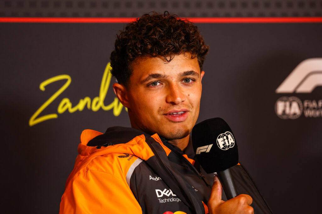 McLaren driver Lando Norris speaks to the media at Zandvoort ahead of the 2025 F1 Dutch Grand Prix