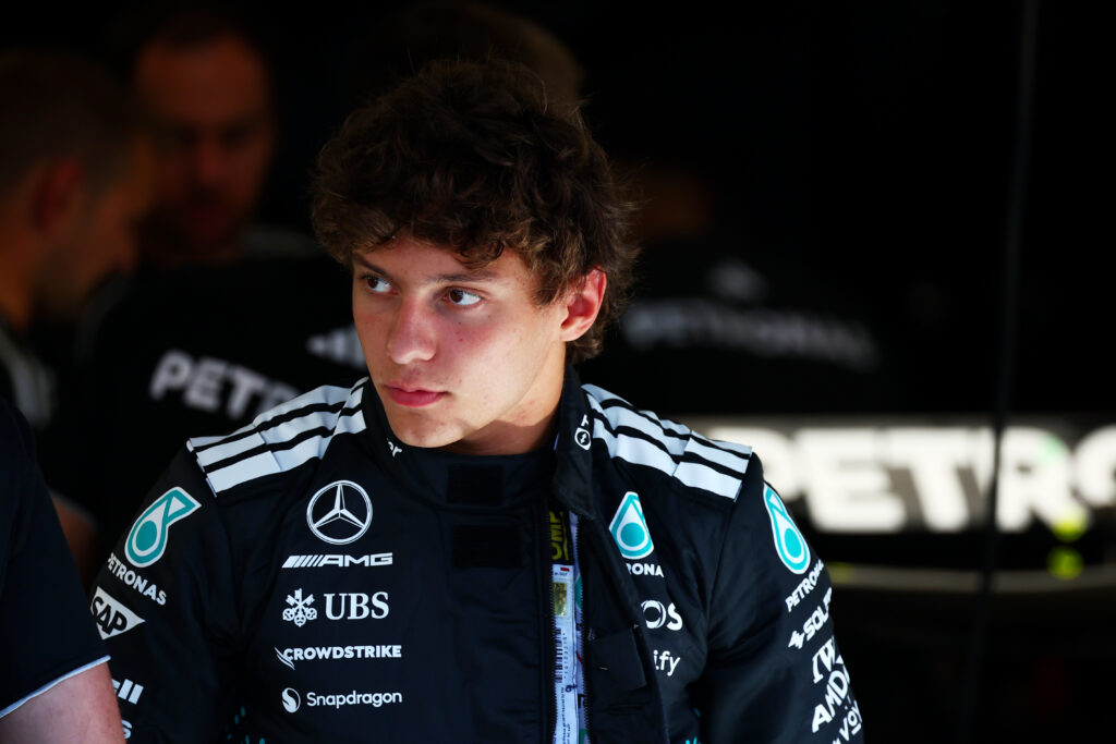 Mercedes driver Andrea Kimi Antonelli in the garage at the 2025 F1 Dutch Grand Prix