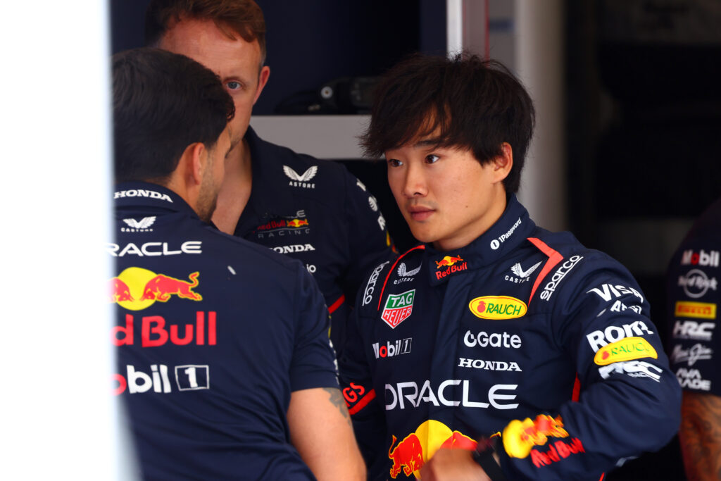 Red Bull driver Yuki Tsunoda in their garage at Zandvoort ahead of the 2025 F1 Dutch Grand Prix