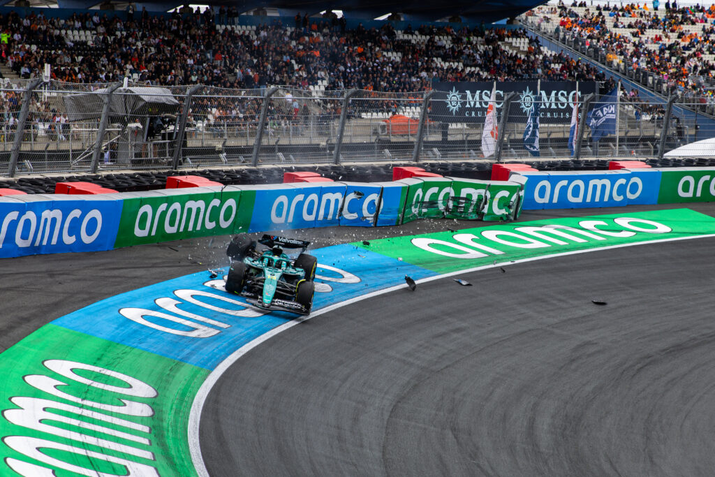 Aston Martin driver Lance Stroll crashes in FP2 for the 2025 F1 Dutch Grand Prix at Zandvoort