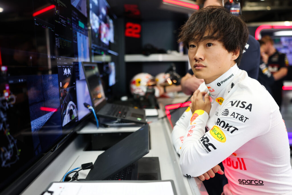 Yuki Tsunoda in the Red Bull Racing garage at the 2025 Formula 1 Dutch Grand Prix