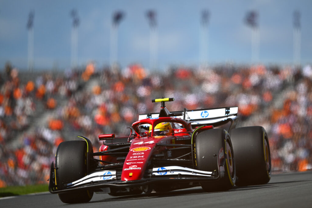 Lewis Hamilton driving his Ferrari around Zandvoort during the Dutch Grand Prix FP3 session
