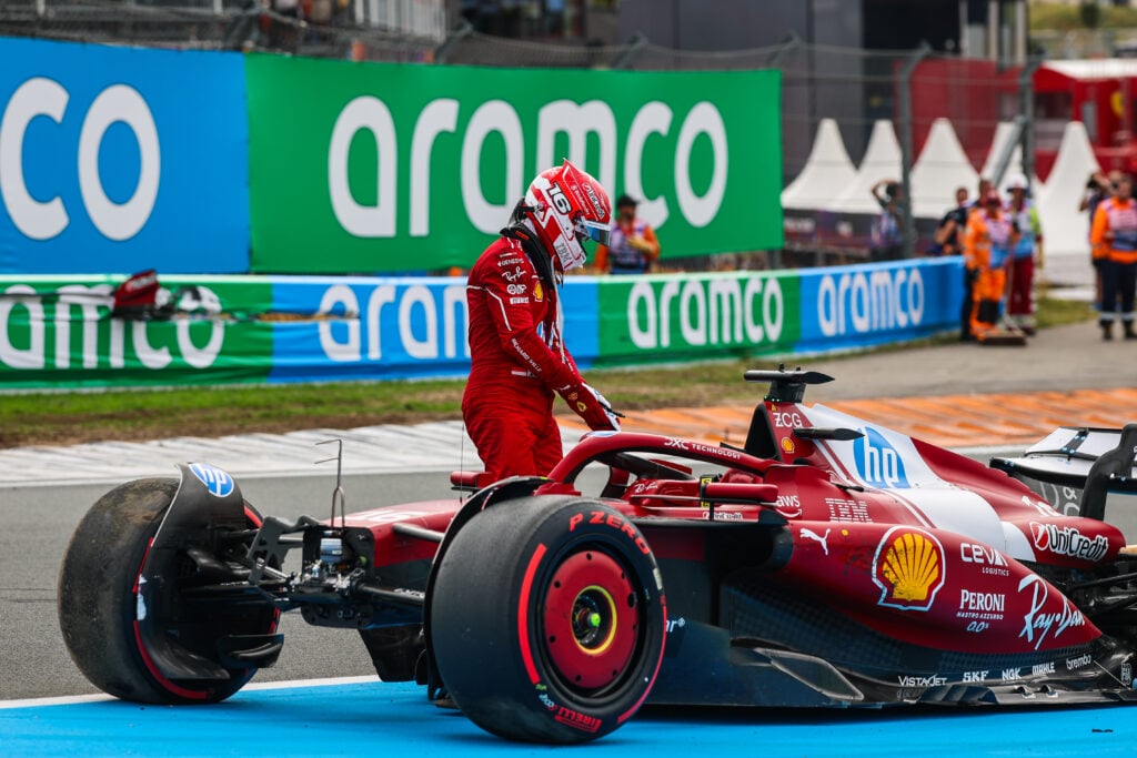 Charles Leclerc stands by his SF-25 after crashing in the 2025 Dutch Grand Prix
