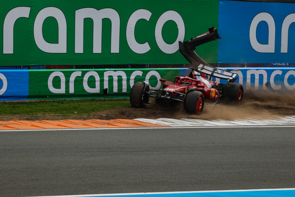 Charles Leclerc crashes his Ferrari SF-25 in the 2025 F1 Dutch Grand Prix after contact with Mercedes' Andrea Kimi Antonelli