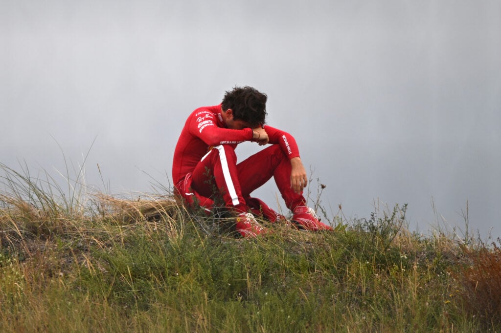 Charles Leclerc of Ferrari after crashing out of the 2025 Dutch Grand Prix