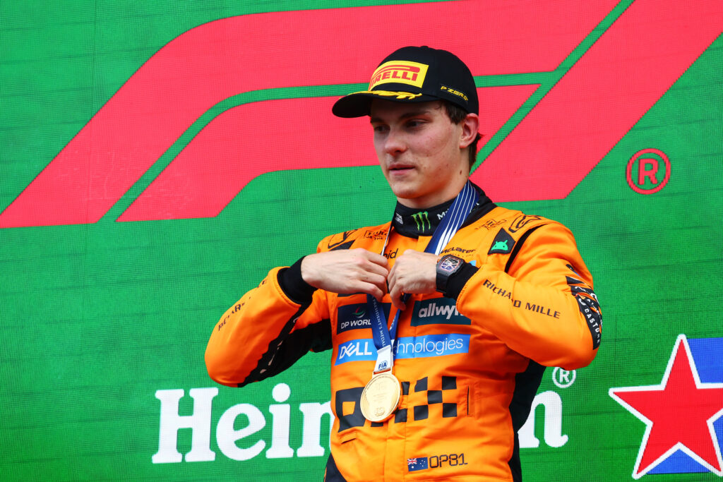 McLaren driver Oscar Piastri standing on the podium at the 2025 Formula 1 Dutch Grand Prix