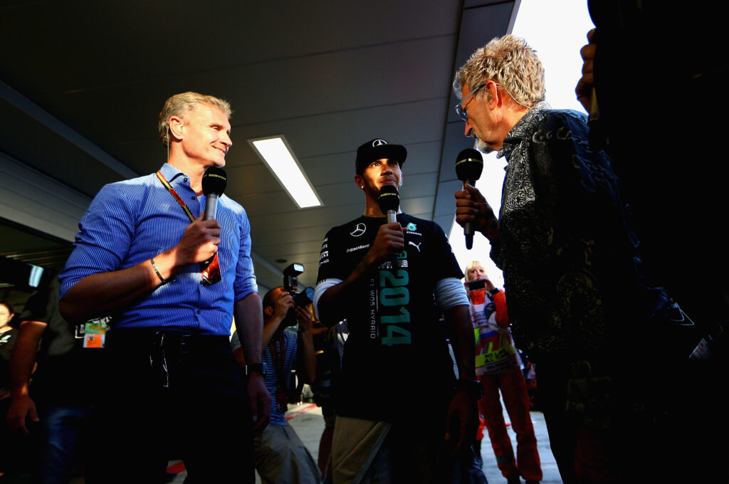 David Coulthard and Eddie Jordan interviewing Lewis Hamilton at the Russian Grand Prix