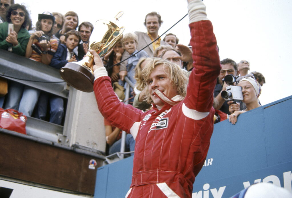 McLaren driver James Hunt celebrates winning the 1976 F1 Dutch Grand Prix at Zandvoort