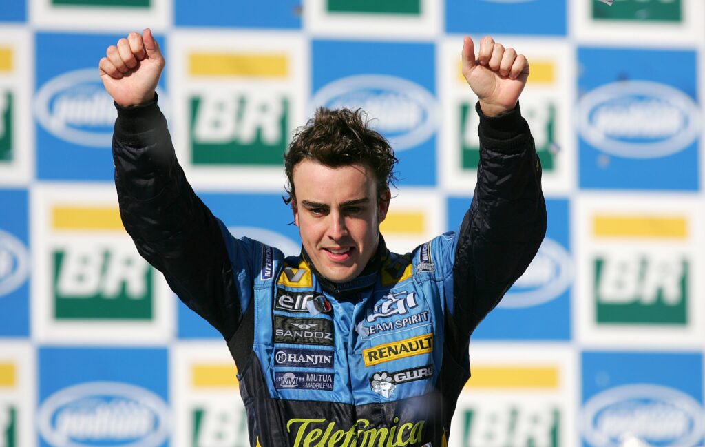 Fernando Alonso celebrating at the 2006 Brazilian Grand Prix