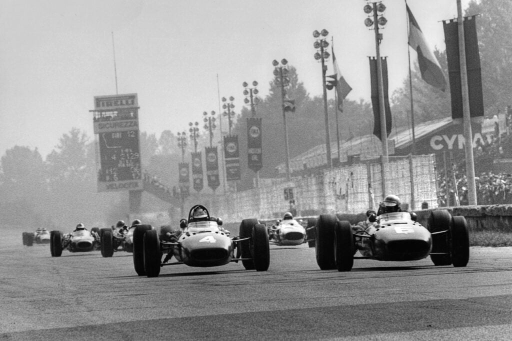 Ferrari drivers Mike Parkes and Ludovico Scarfiotti on track during the 1966 F1 Italian Grand Prix