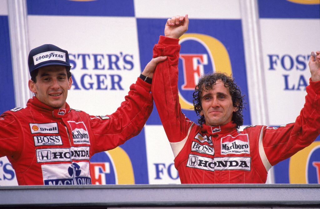 McLaren drivers Ayrton Senna and Alain Prost on the podium at the 1988 Australian Grand Prix
