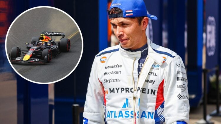 Williams driver Alex Albon before qualifying at the 2025 British Grand Prix, inset Yuki Tsunoda in the RB21