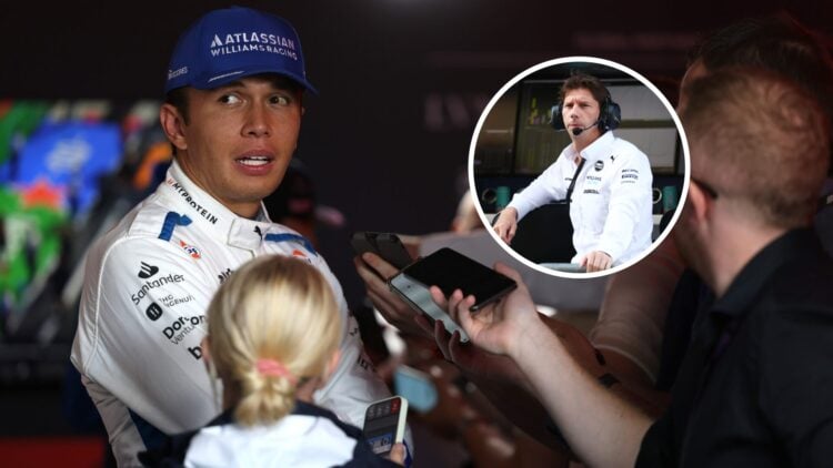 Alex Albon talking to media after qualifying for the 2025 Dutch Grand Prix with James Vowles sat at the Williams pit-wall in the overlay image
