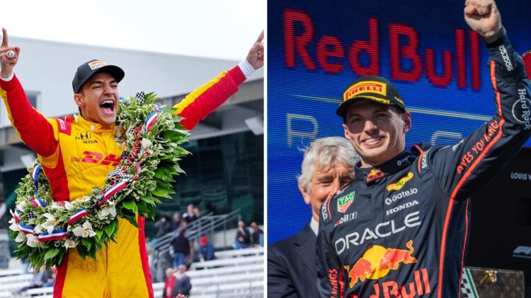 Alex Palou celebrating his fourth IndyCar championship, Red Bull driver Max Verstappen winning the 2025 Formula 1 Emilia Romagna Grand Prix