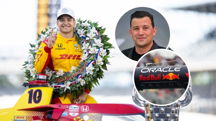 Alex Palou after winning the 2025 Indianapolis 500, inset, Will Buxton at the F1 movie premiere, the Red Bull Racing logo