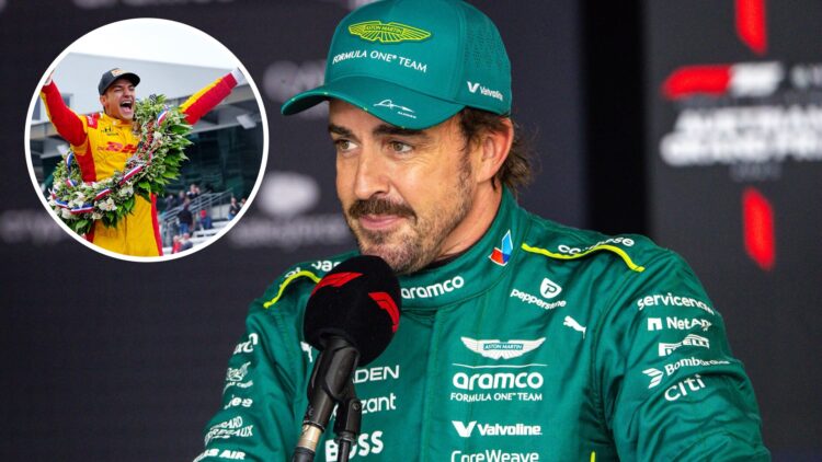 Aston Martin driver Fernando Alonso being interviewed at the 2025 Austrian Grand Prix, inset Alex Palou