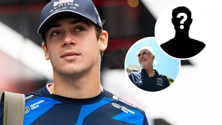 Alpine driver Franco Colapinto in the Zandvoort paddock ahead of the 2025 F1 Dutch Grand Prix with insets of Flavio Briatore and a mystery person