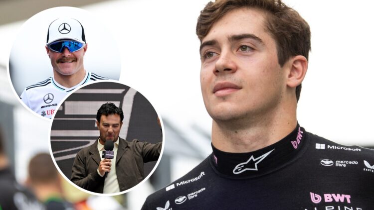 Alpine driver Franco Colapinto walks down the 2025 F1 Hungarian Grand Prix pit lane with insets of Cadillac 2026 signings Valtteri Bottas and Sergi...