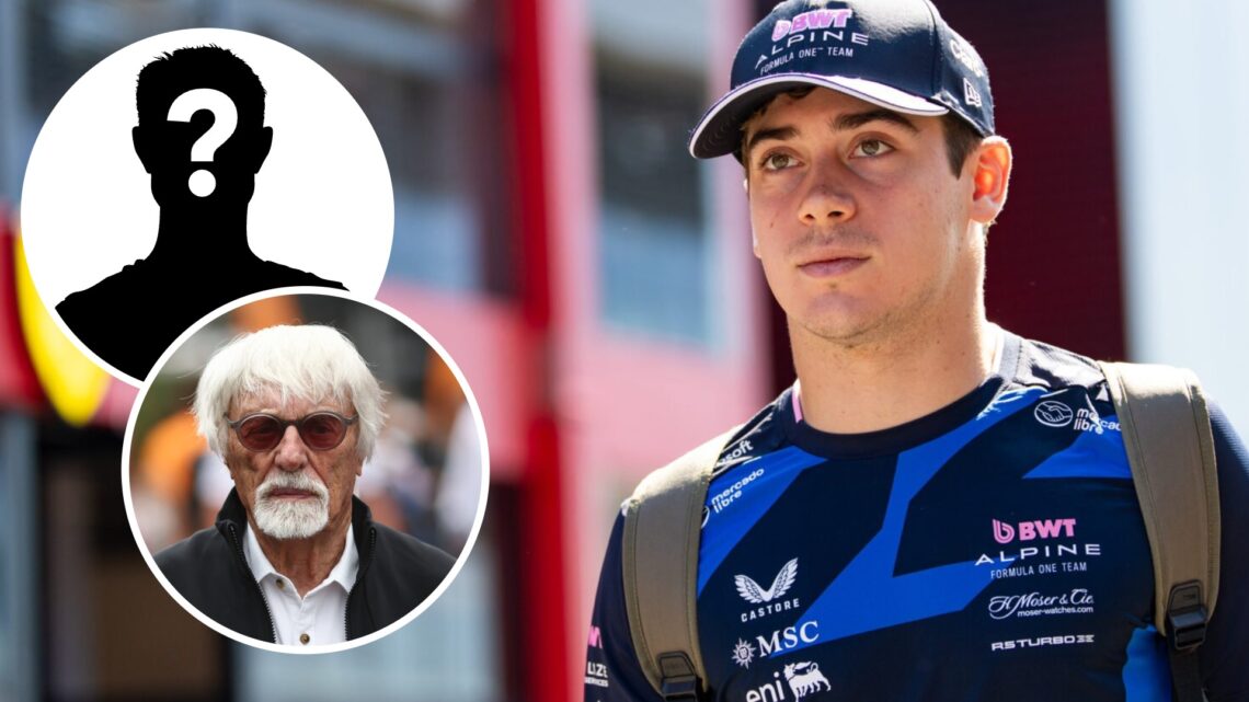 Alpine driver Franco Colapinto in the 2025 F1 Hungarian Grand Prix paddock with an inset of Bernie Ecclestone and a mystery person