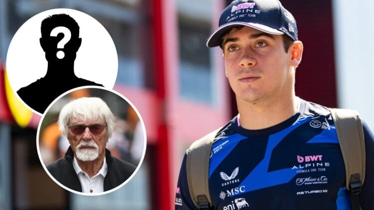 Alpine driver Franco Colapinto in the 2025 F1 Hungarian Grand Prix paddock with an inset of Bernie Ecclestone and a mystery person