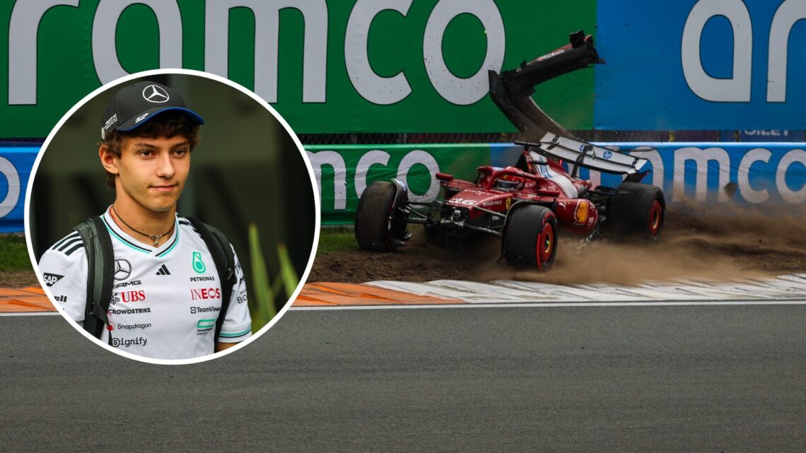 Charles Leclerc crashes his Ferrari F1 car; inset of Mercedes driver Kimi Antonelli