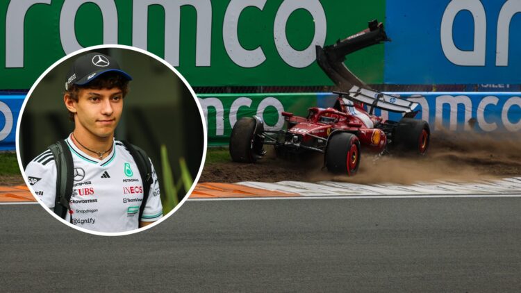 Charles Leclerc crashes his Ferrari F1 car; inset of Mercedes driver Kimi Antonelli