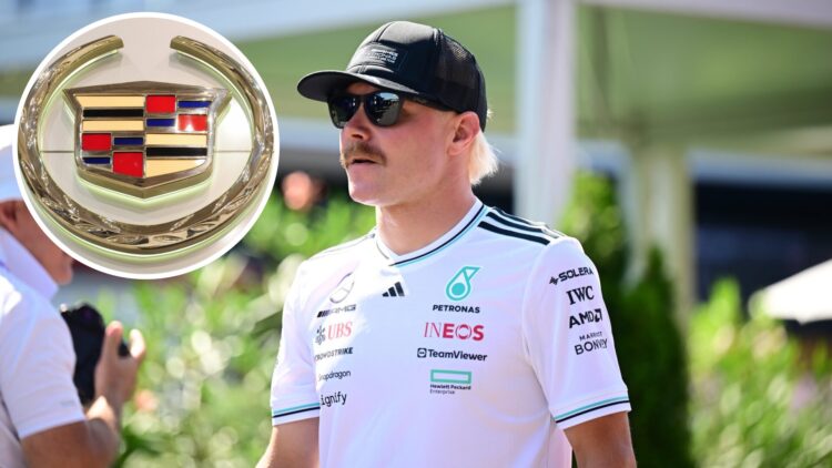 Valtteri Bottas of Mercedes in the paddock at the 2025 Hungarian Grand Prix, inset Cadillac logo