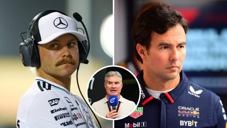 Valtteri Bottas looks on in the F1 pitlane (L); Sergio Perez stands in the Red Bull garage (R); inset of David Coulthard
