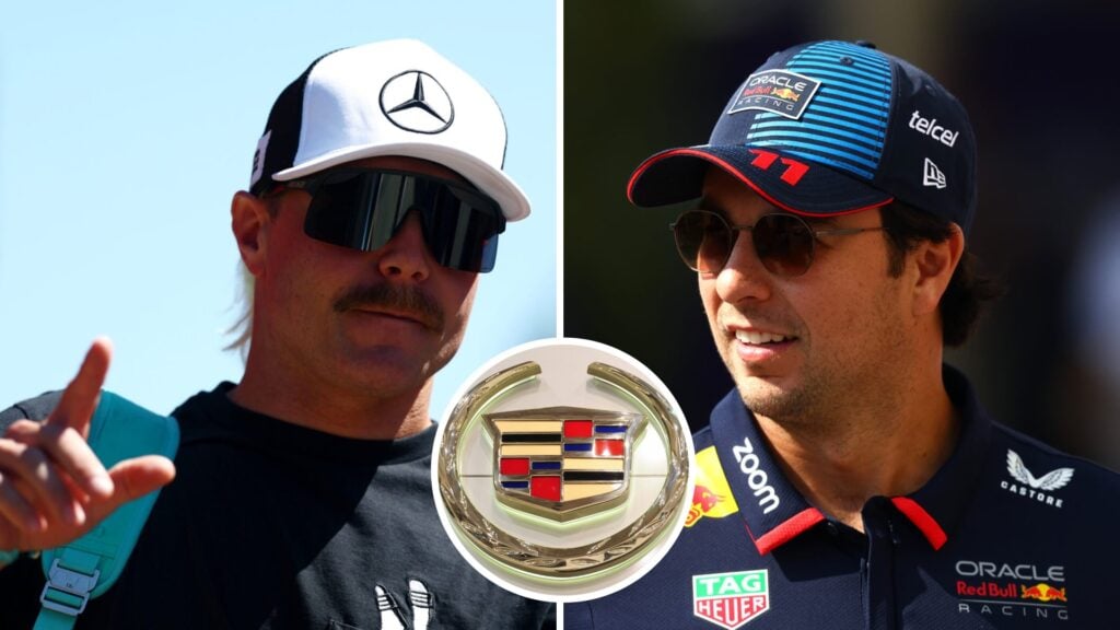 Valtteri Bottas in the 2025 F1 Spanish Grand Prix paddock and Sergio Perez at the 2024 Abu Dhabi Grand Prix with an inset of the Cadillac logo