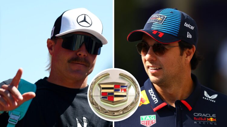 Valtteri Bottas in the 2025 F1 Spanish Grand Prix paddock and Sergio Perez at the 2024 Abu Dhabi Grand Prix with an inset of the Cadillac logo