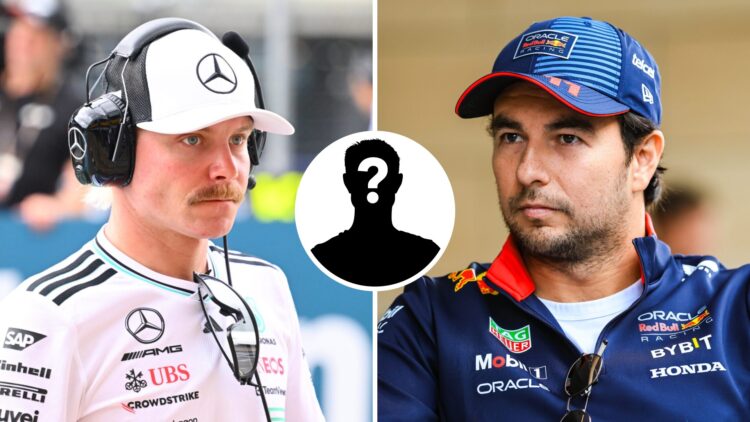 Valtteri Bottas of Mercedes wears headphones in the F1 pit lane (L); Sergio Perez looks on (R); inset of a mystery driver